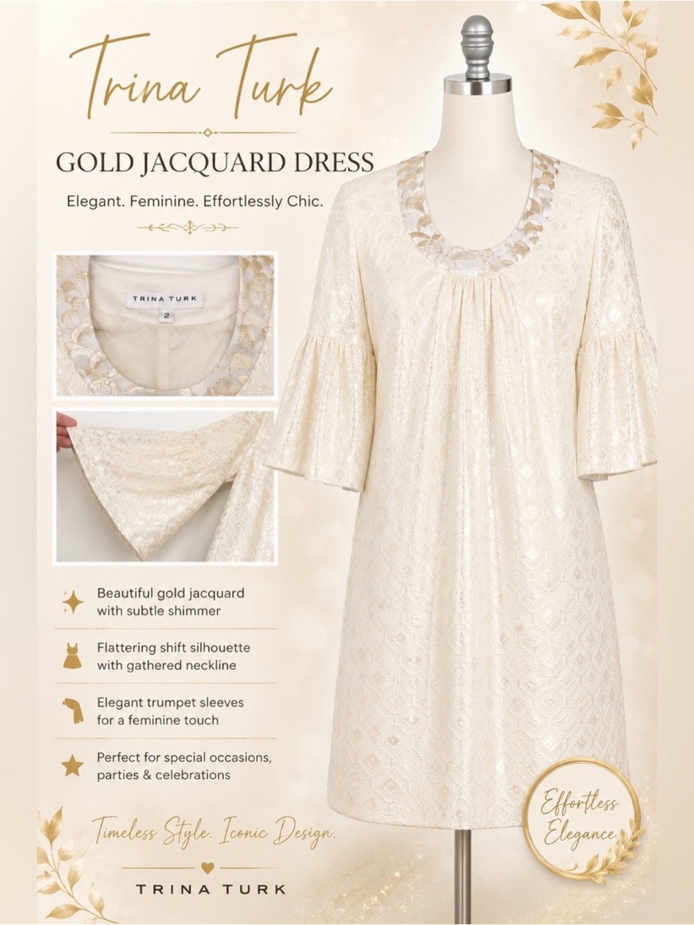 Trina Turk Cream Gold Jacquard Shift Dress